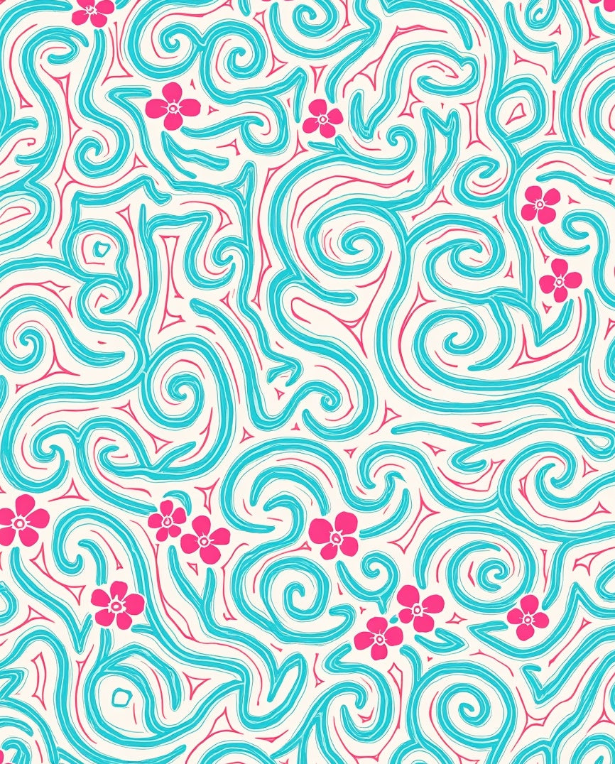 Whimsical Turquoise Coral Floral Swirls Rug