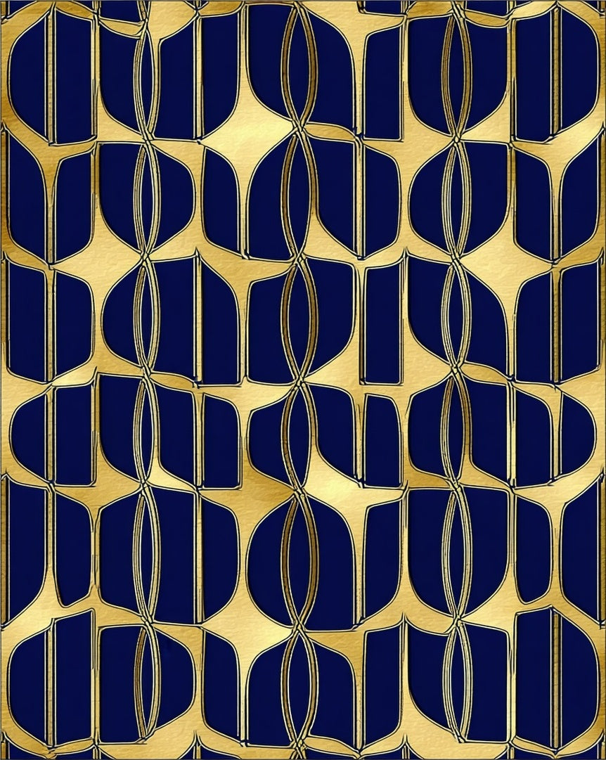 Art Deco Blue Gold Geometric Pattern Rug