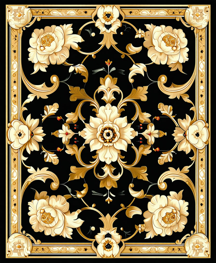 Ornate Gold Flower Patterned Rug