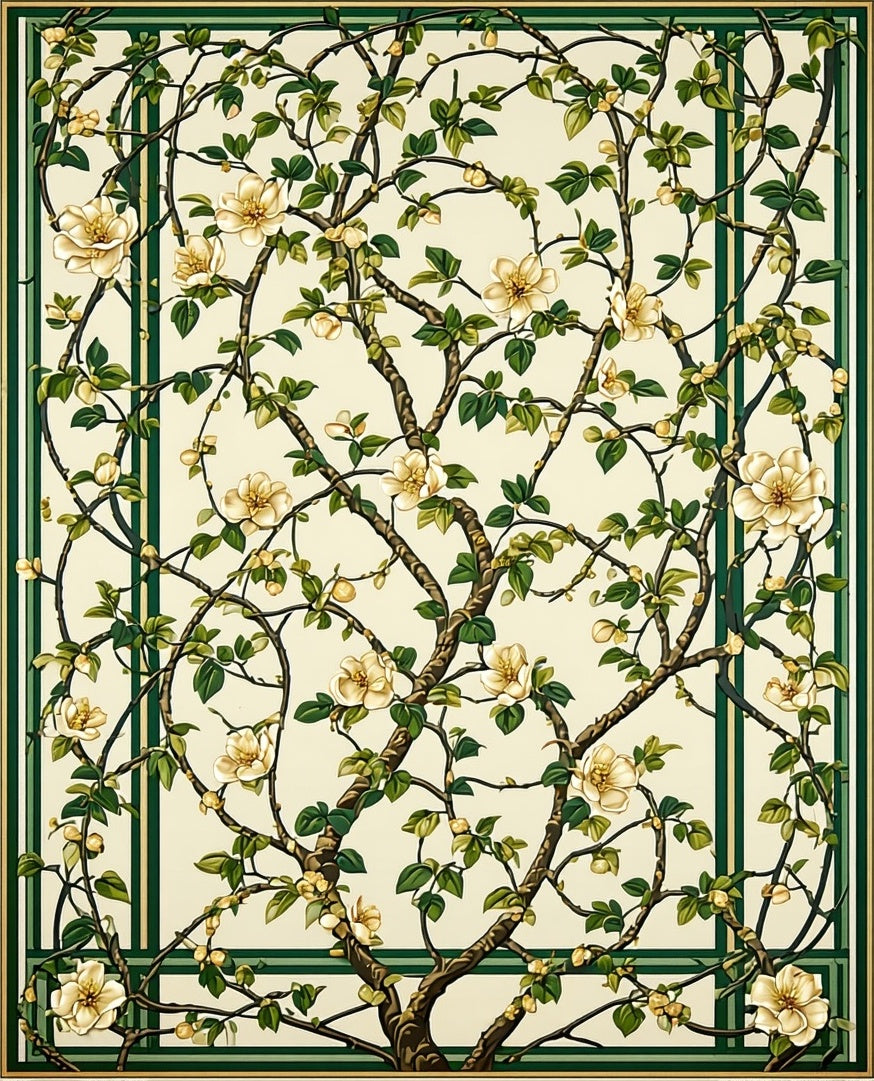 Cream Green Floral Tree Pattern Rug