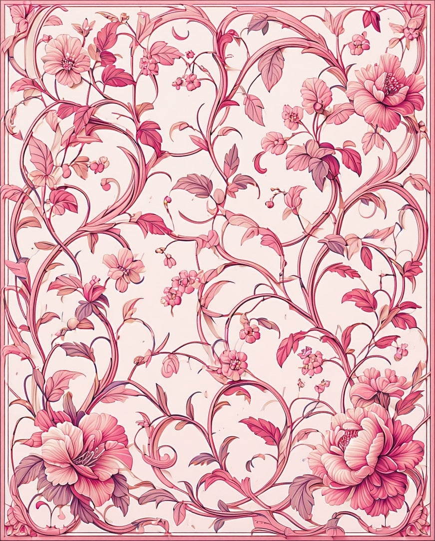 Ornate Pink Floral Vine Pattern Rug