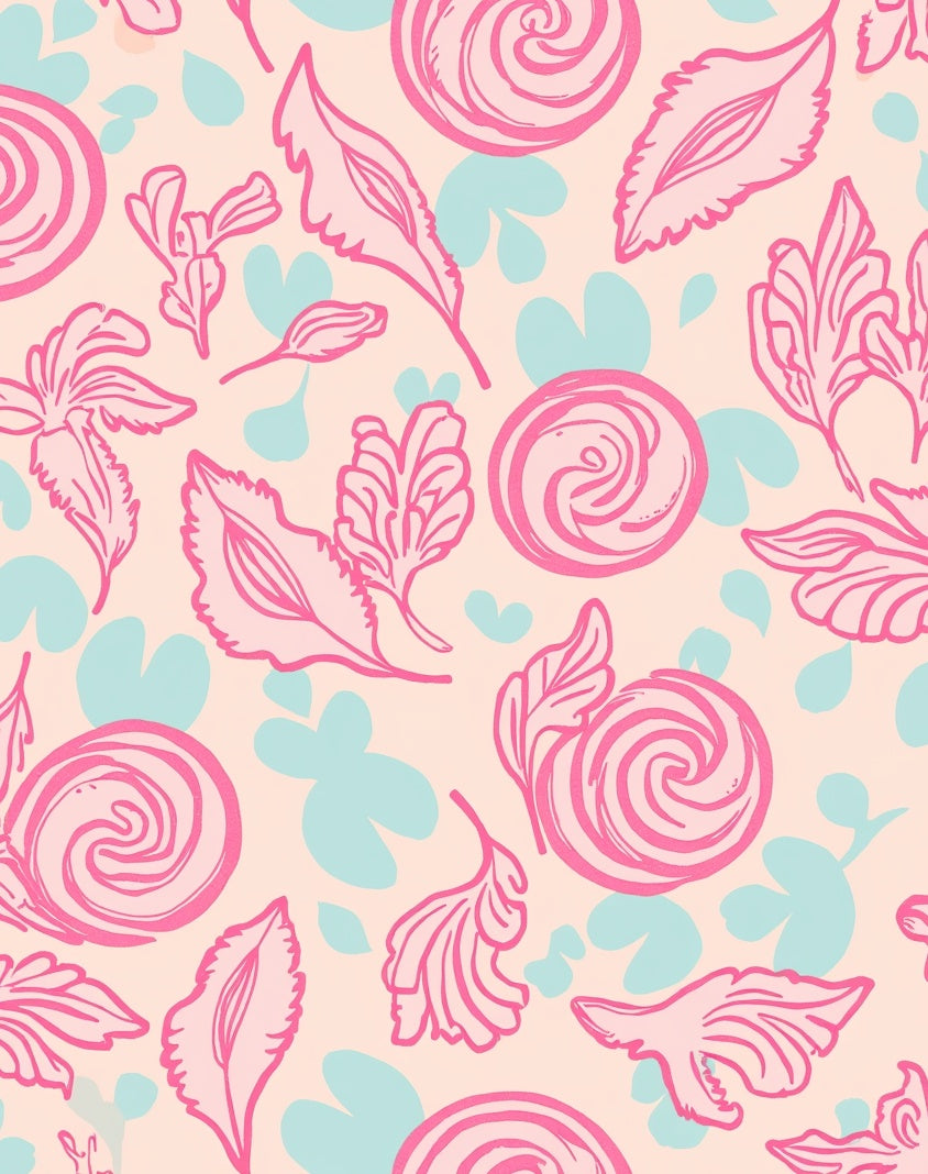 Pink Floral Leaf Outline Pattern Rug