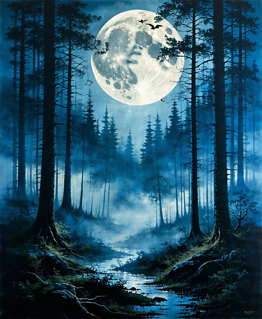 Enchanting Moonlight Forest Scene Rug