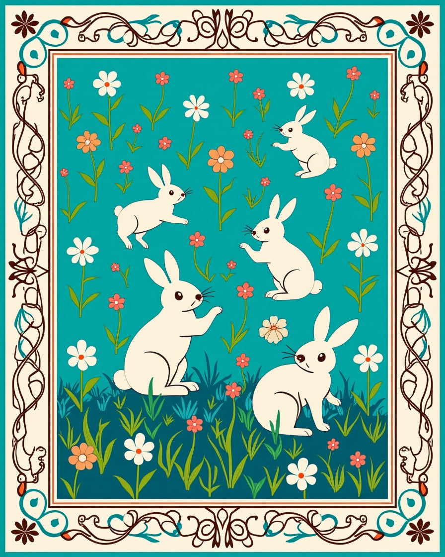 Spring Meadow Bunny Botanical Pattern Rug