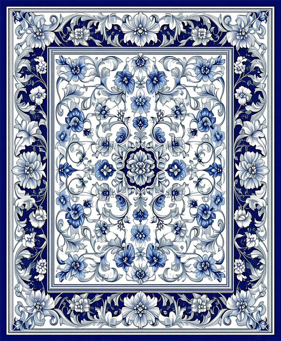 Blue White Floral Scroll Pattern Rug