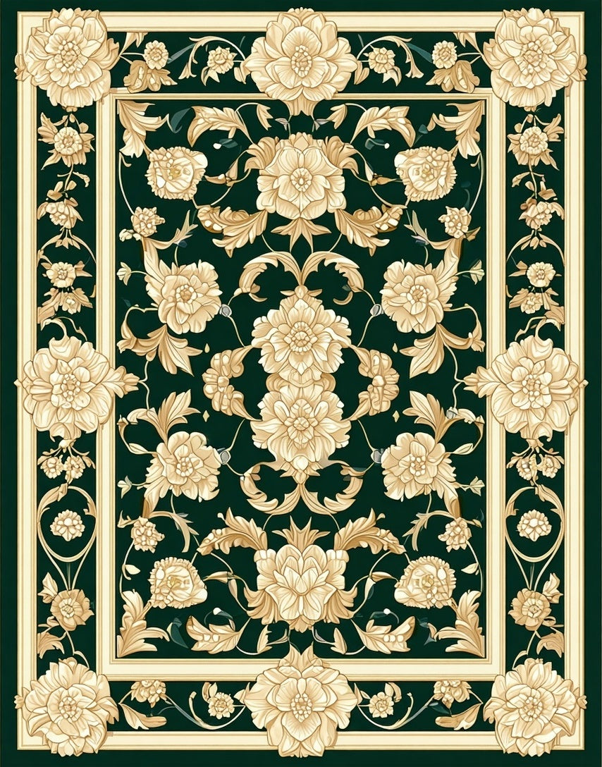 Classic Floral Scrollwork Dark Green Rug