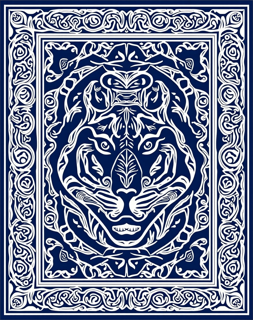 Ornate Tiger Face Intricate Border Rug
