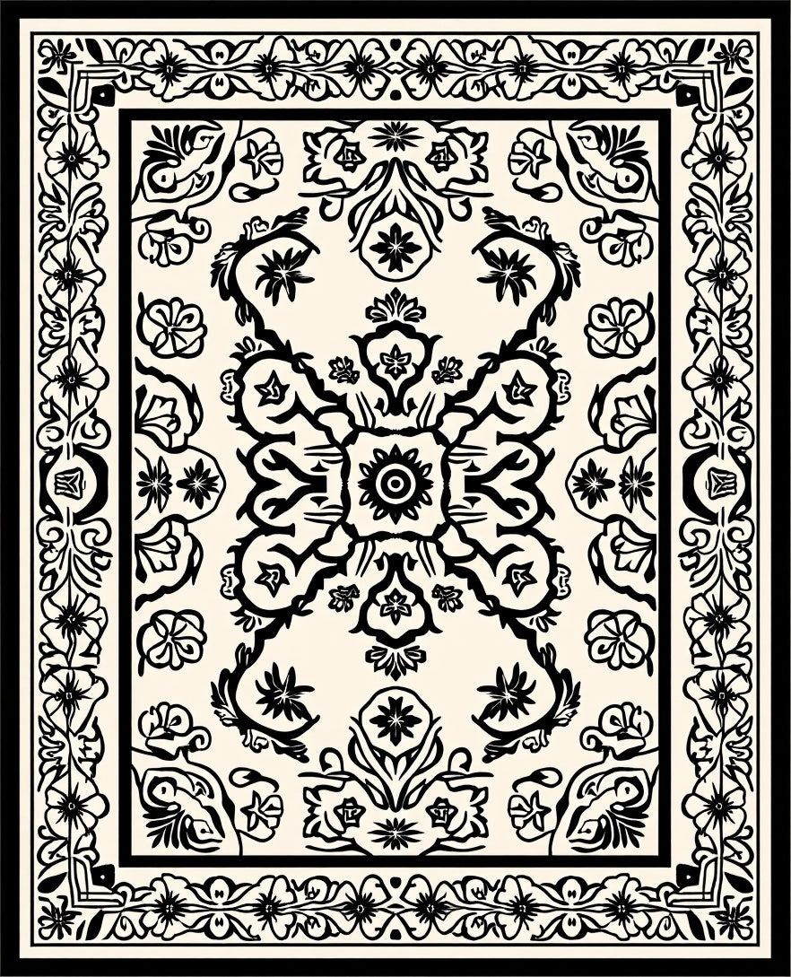 Ornate Floral Symmetry Black Cream Rug