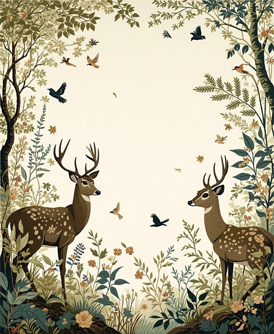 Woodland Deer And Birds Botanical Print Rug