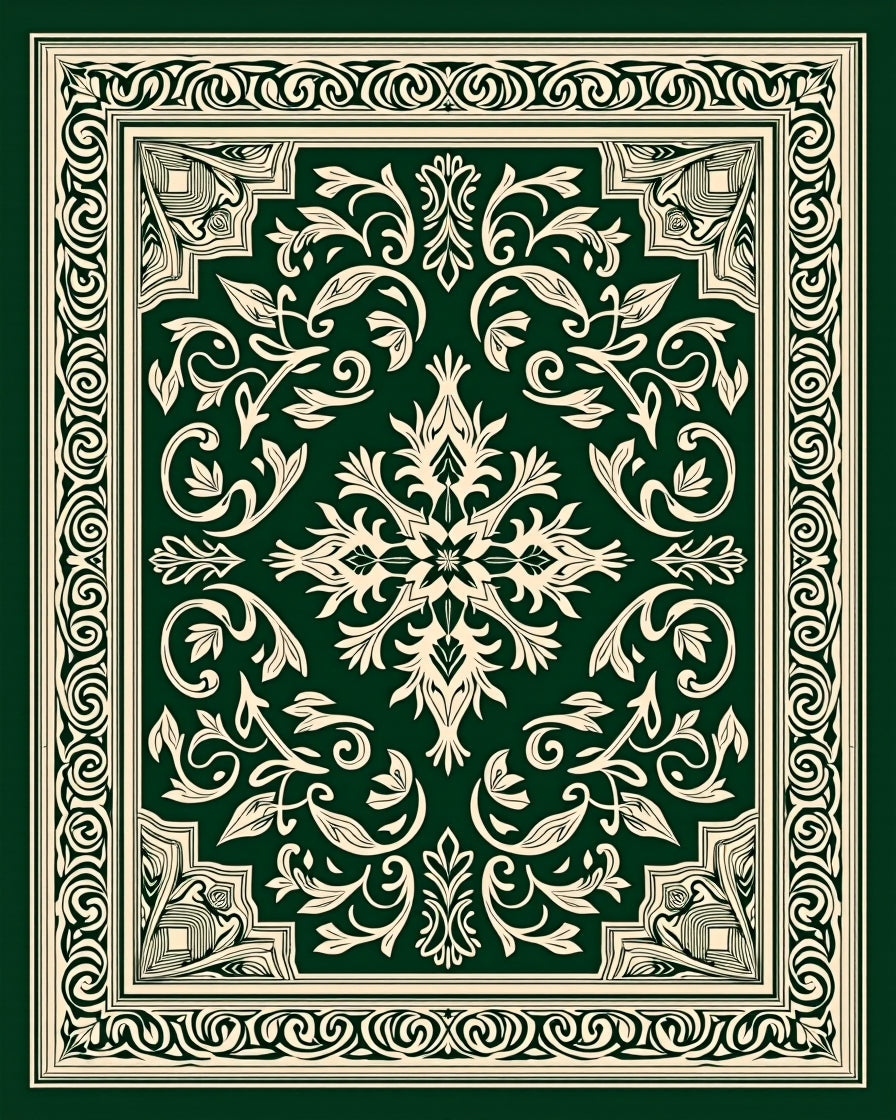 Emerald Ivory Floral Scroll Border Rug