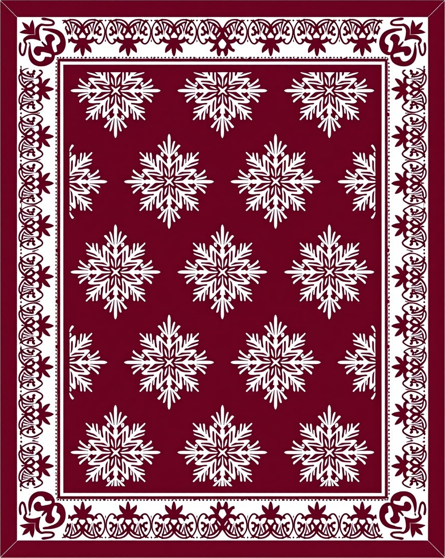 Crimson Snowflake Geometric Border Rug