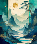 Misty Mountain Landscape With Moon Design Rug