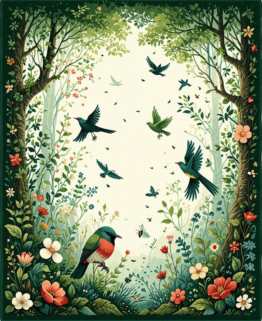 Whimsical Forest Birds And Flowers Rug
