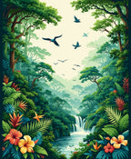 Lush Jungle Waterfall Birds Floral Design Rug