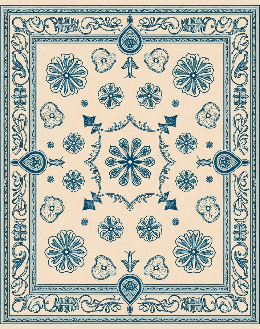Classic Blue Floral Square Pattern Rug