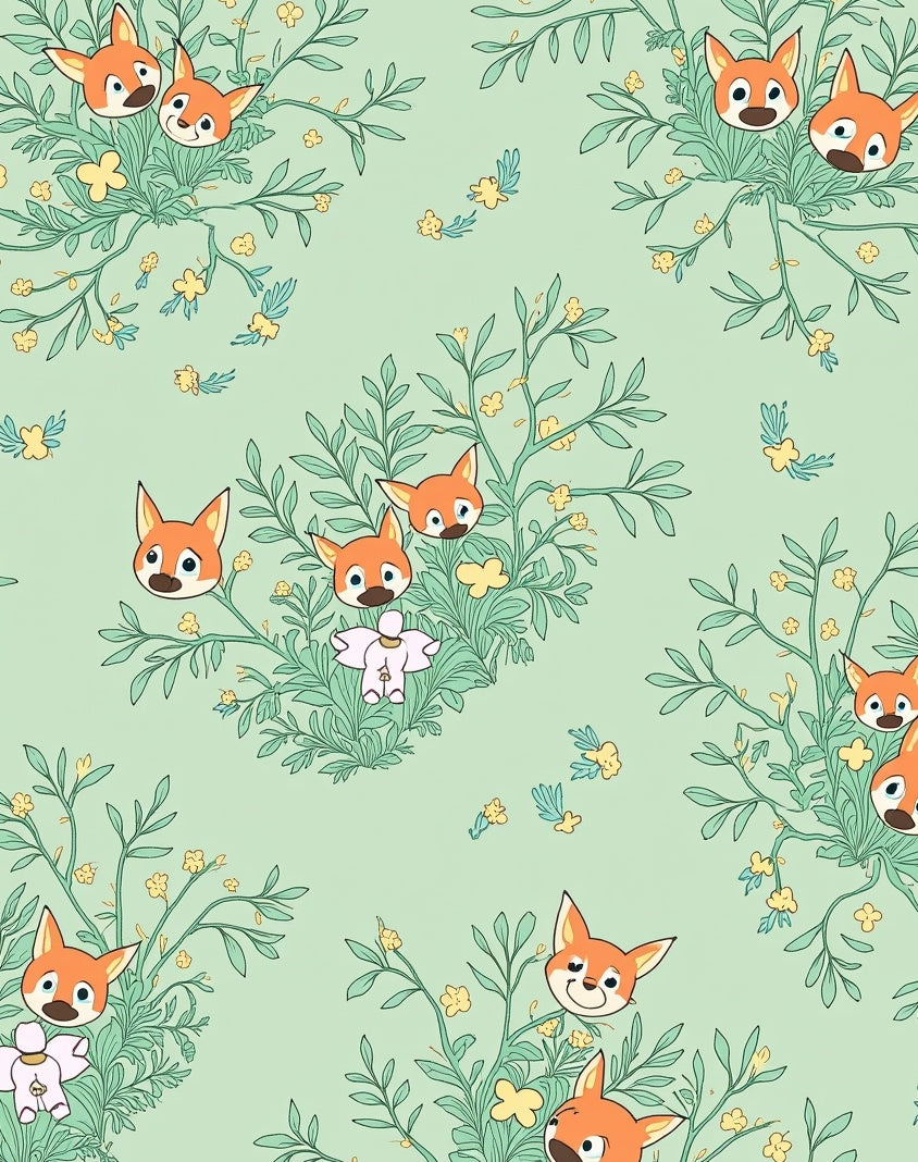 Whimsical Foxy Faces Green Floral Rug