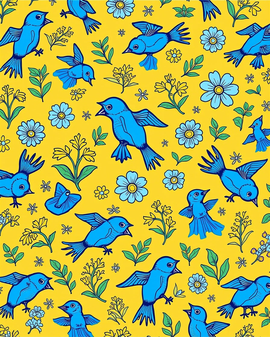 Blue Bird Floral Pattern Rug