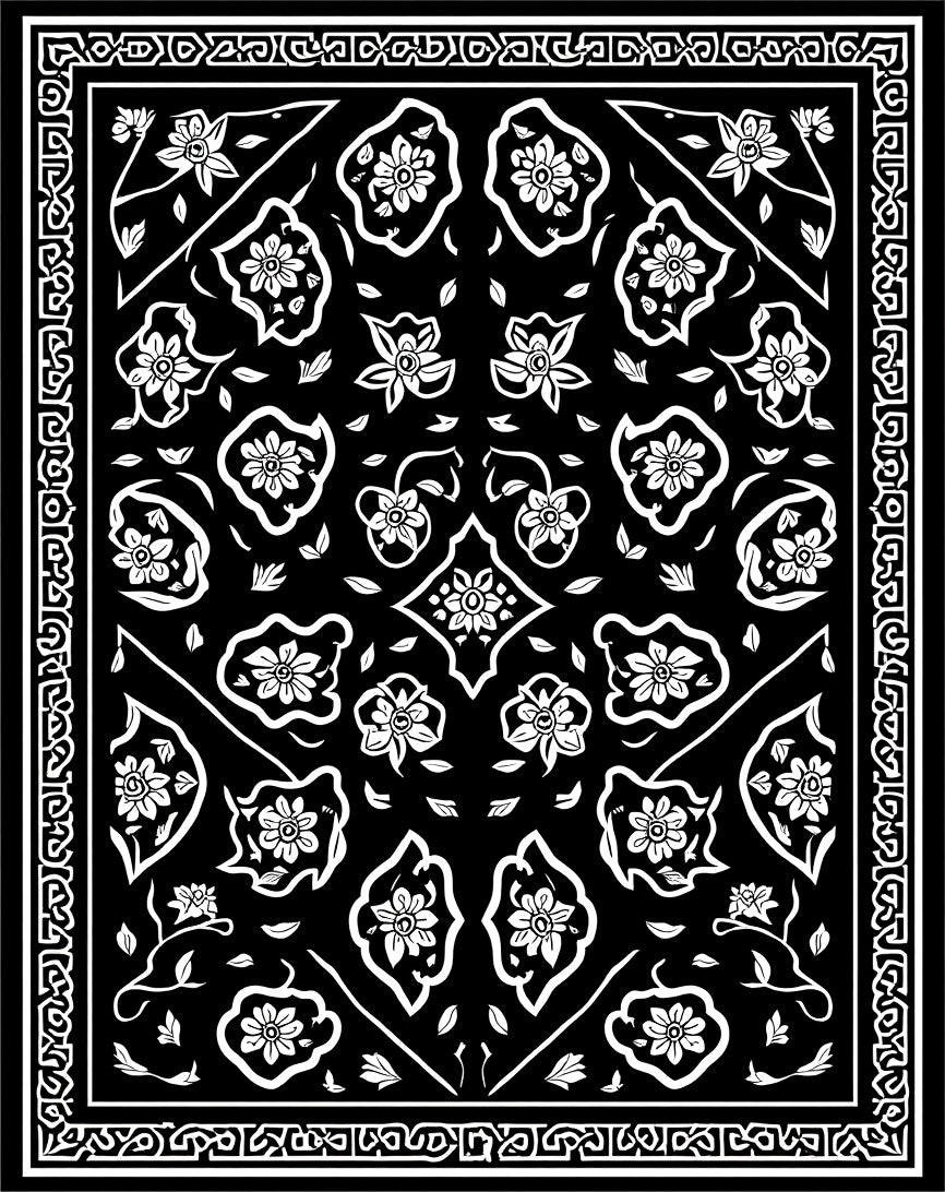 Elegant Floral Vine Black White Rug