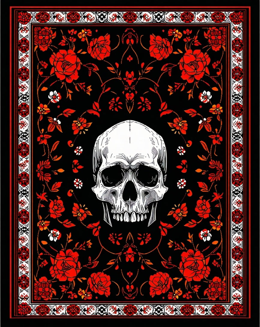 Gothic Red Rose Skull Pattern Rug