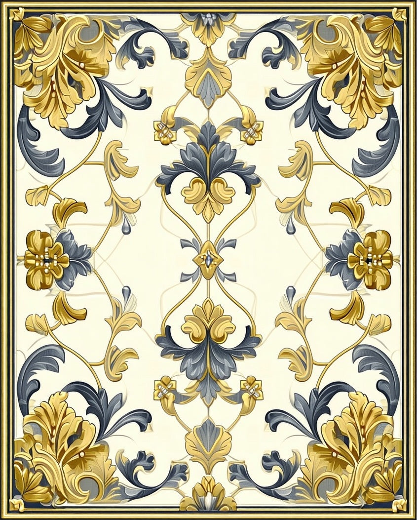 Golden Blue Ornate Floral Pattern Rug