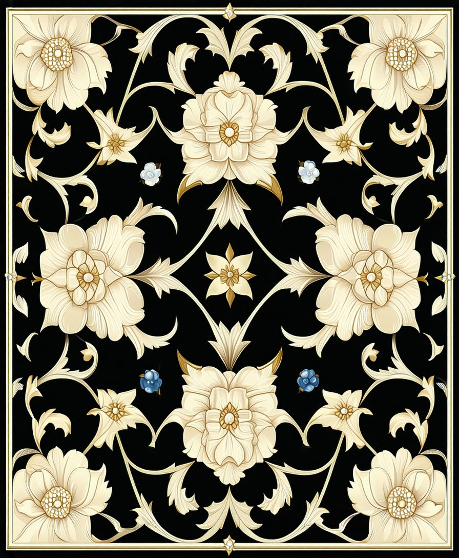 Cream Floral Arabesque Black Rug