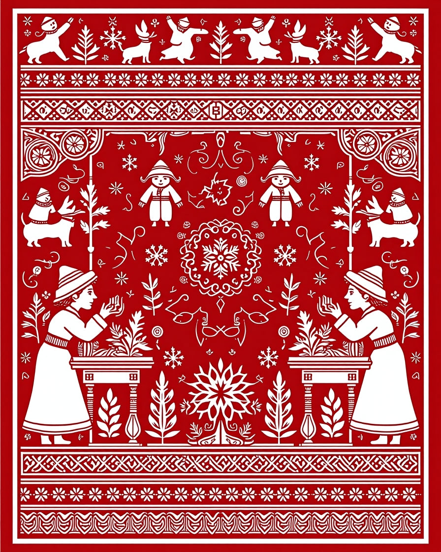 Red White Folk Art Village Scene Rug