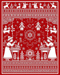 Red White Folk Art Village Scene Rug