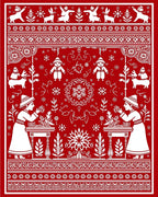 Red White Folk Art Village Scene Rug