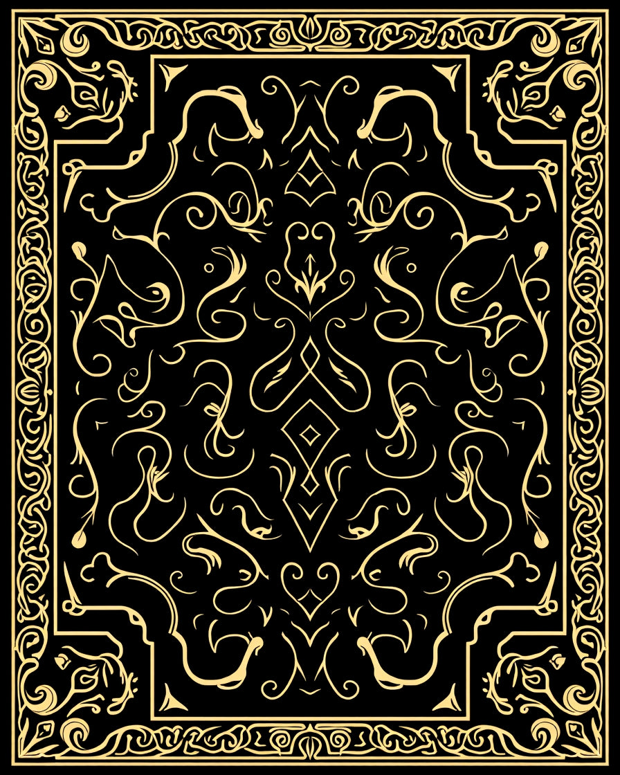 Ornate Golden Flourish Filigree Design Rug