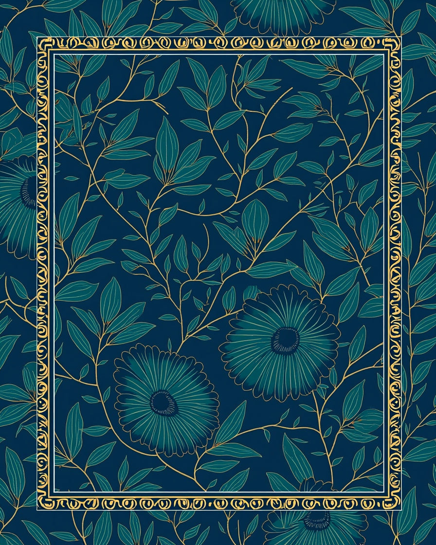 Deep Teal Floral Vine Bordered Rug