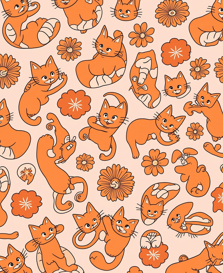 Groovy Orange Cat Flower Pattern Rug