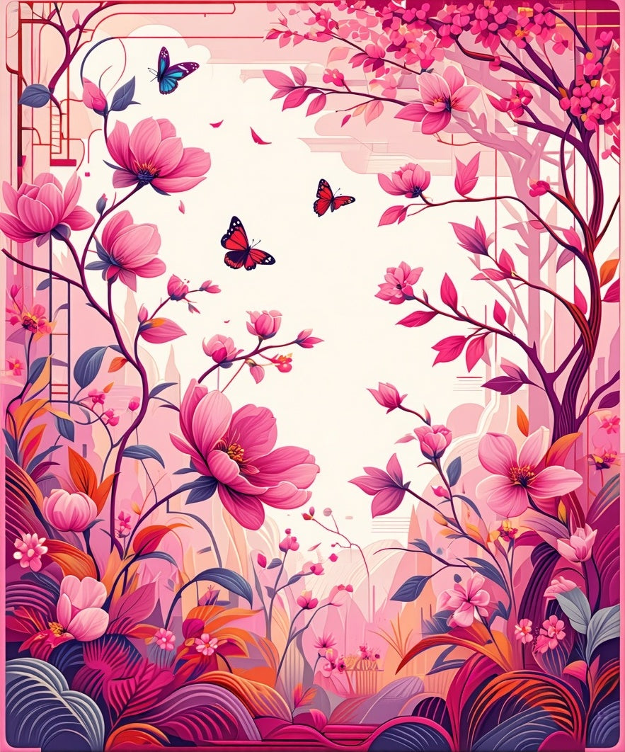 Pink Floral Butterfly Garden Pattern Rug