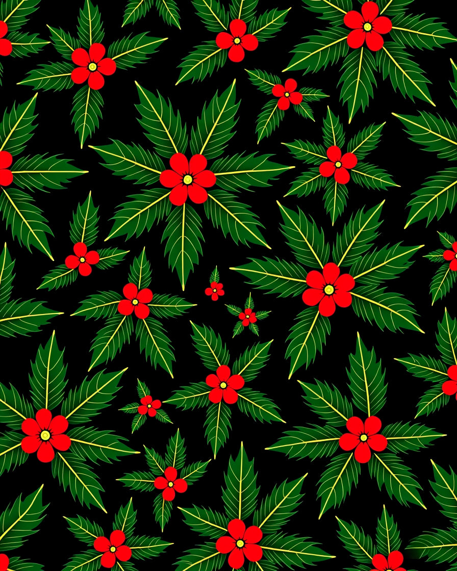 Vibrant Red Flower Festive Green Leaves Rug