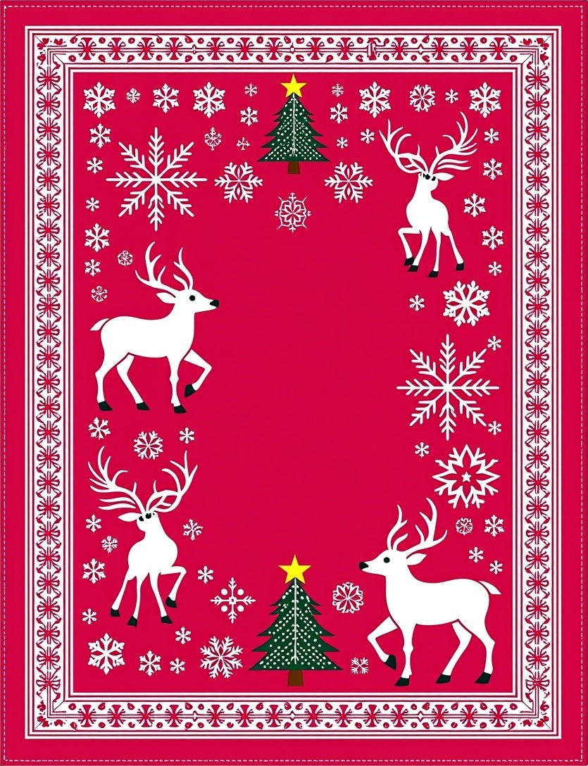 Crimson Christmas Reindeer Snowflakes Trees Rug