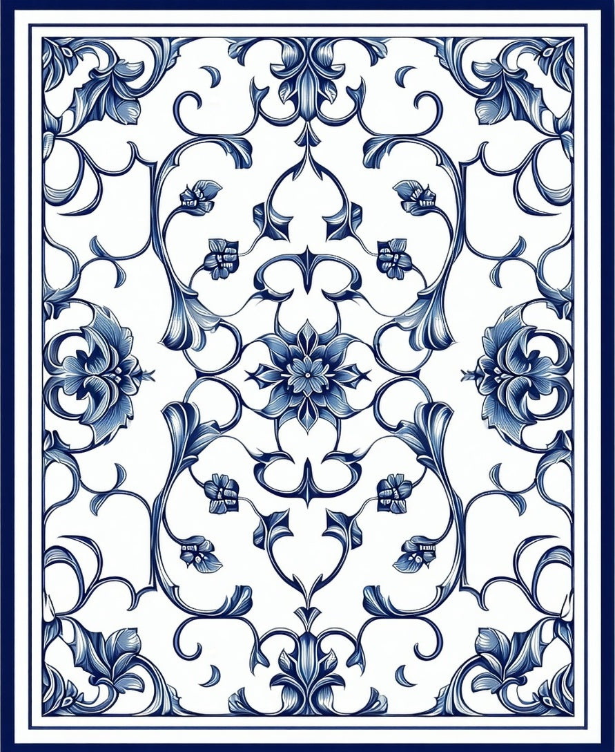 Classic Blue Floral Scroll Pattern Rug