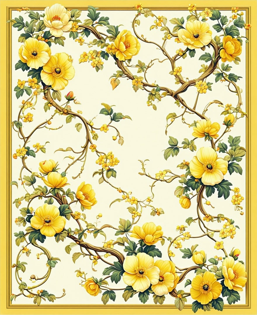 Yellow Floral Vine Botanical Pattern Rug