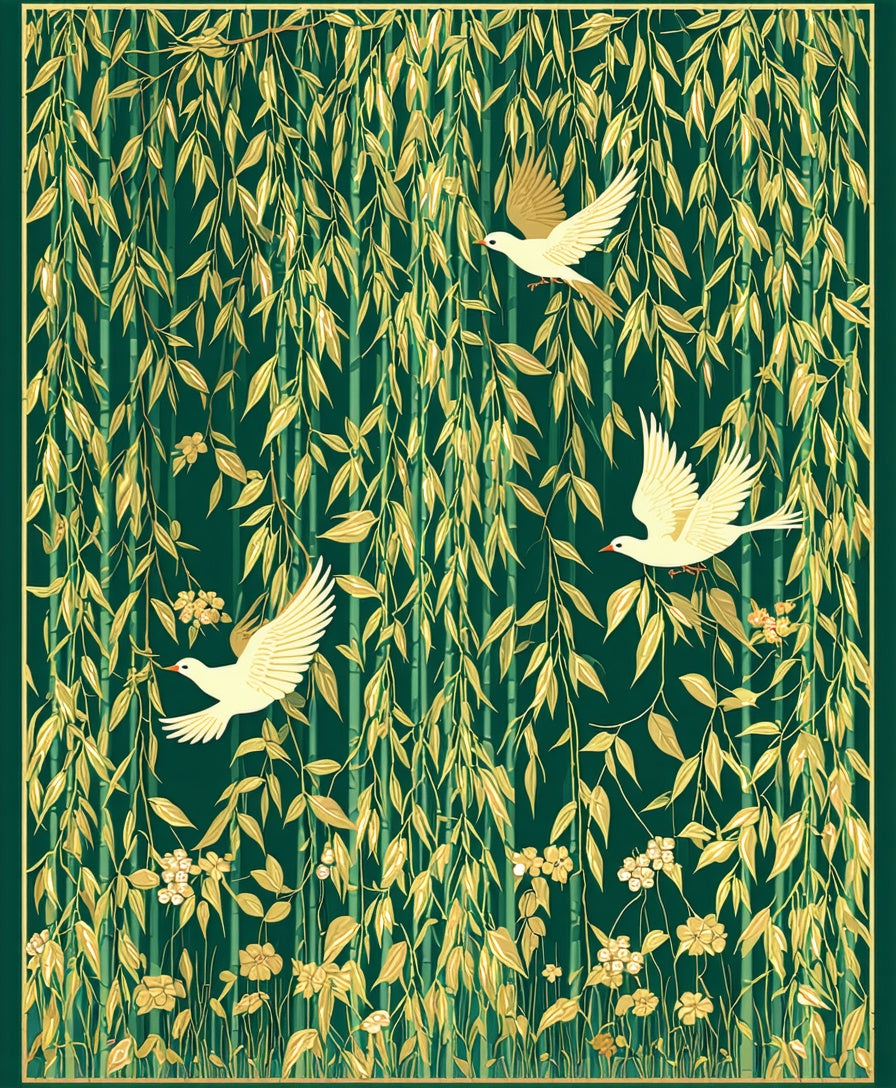 Golden Birds Amidst Bamboo Leaves Rug