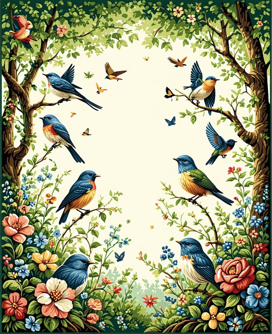 Charming Bird and Floral Nature Scene Rug