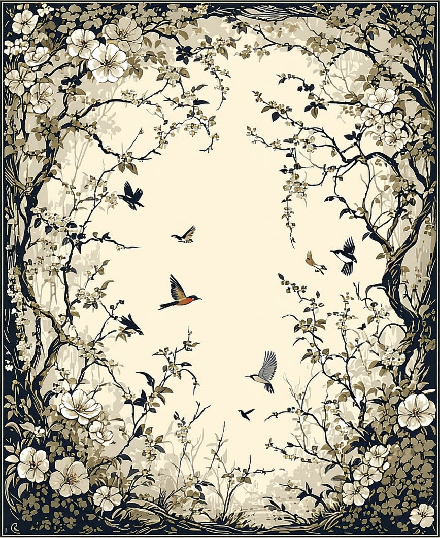 Vintage Floral Birds Scene Rug