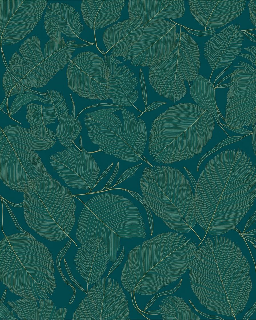 Gold Feather Patterned Deep Teal Rug
