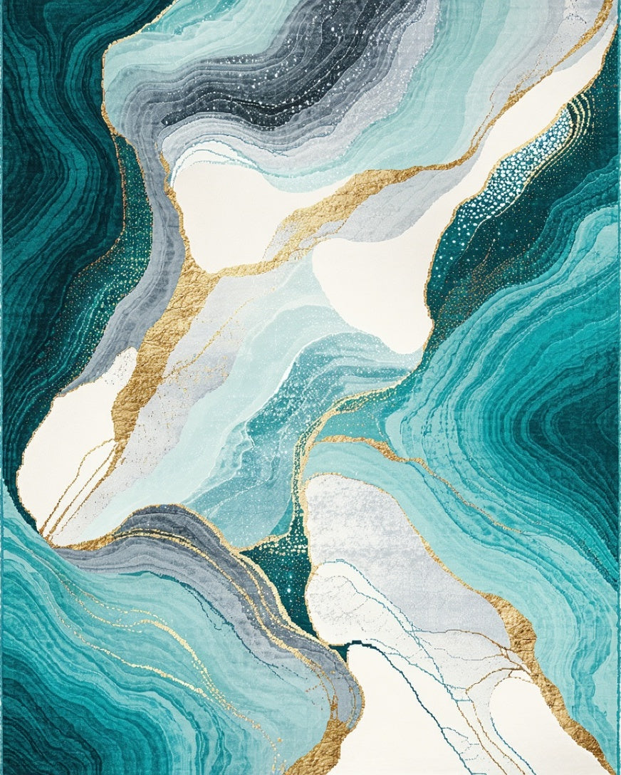 Abstract Teal Gold Marble Waves Rug