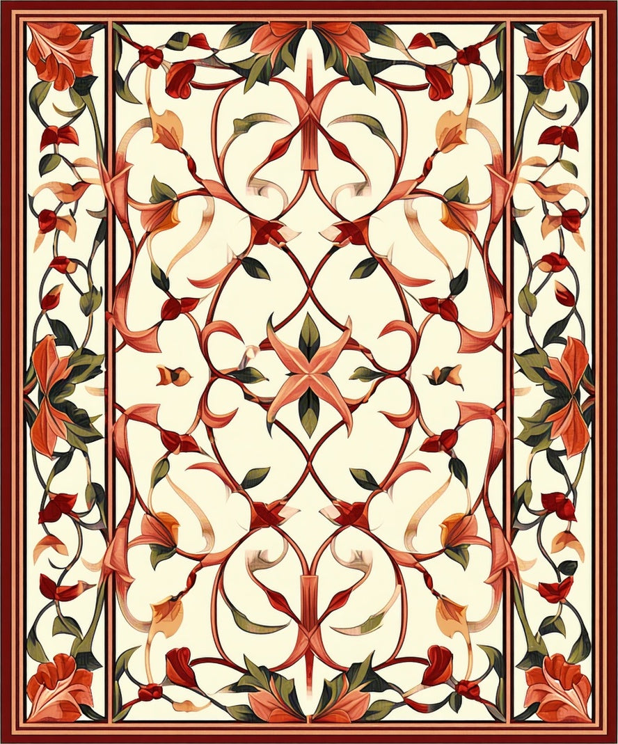 Ornate Floral Bordered Classic Design Rug