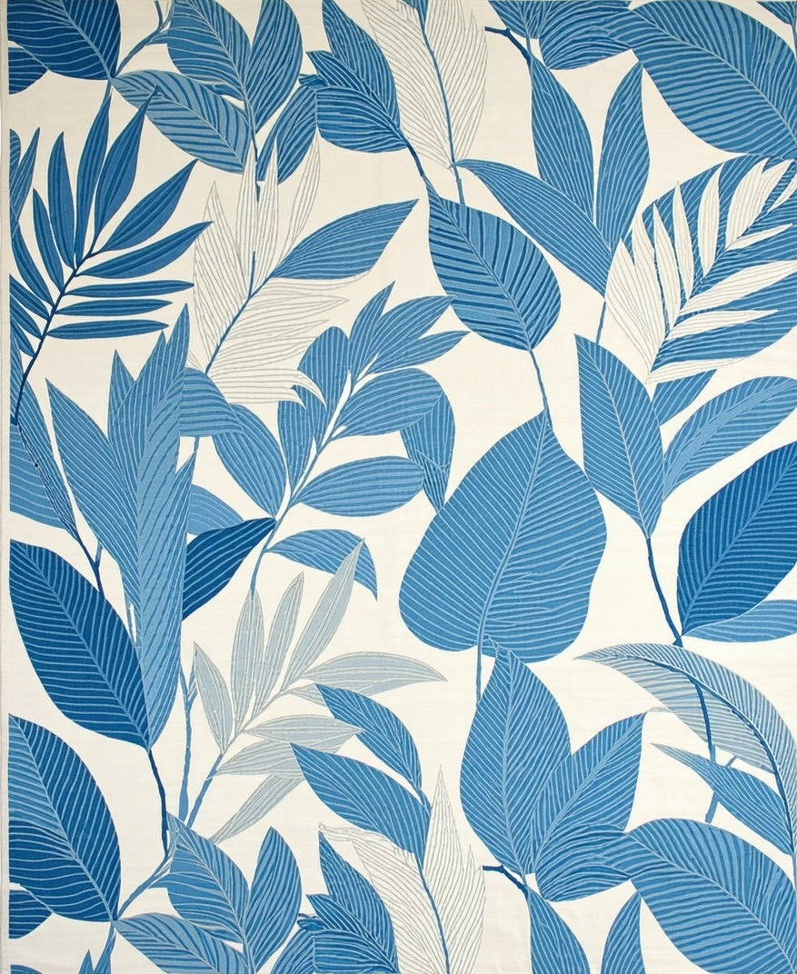 Blue Leafy Tropical Pattern Rug