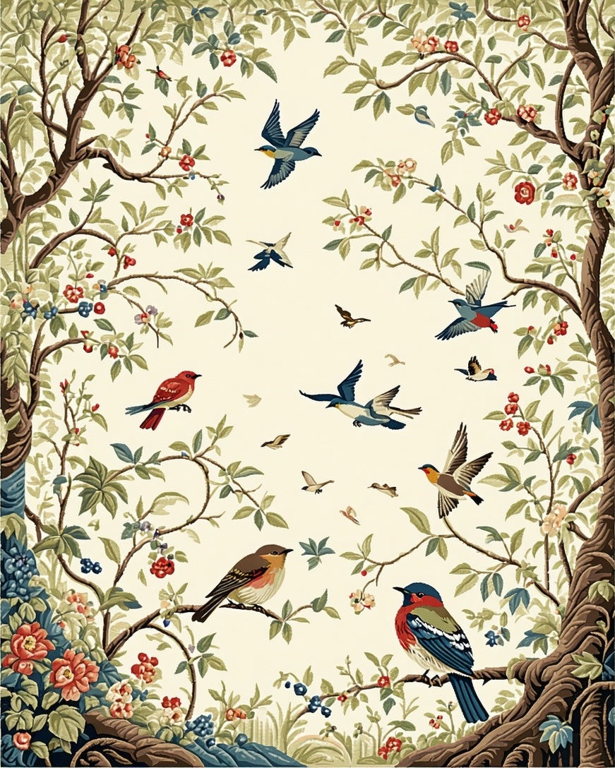 Birds Among Floral Garden Branches Rug