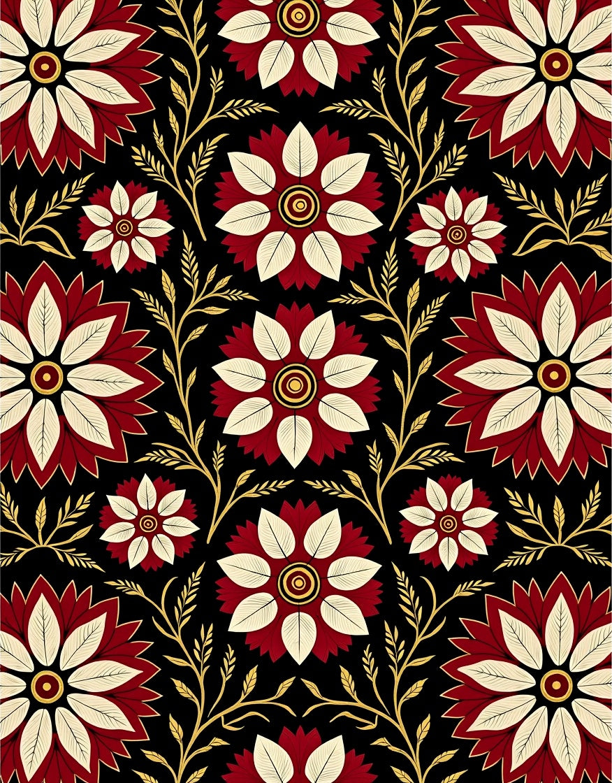 Crimson Cream Floral Vine Black Ground Rug