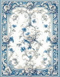 Blue White Floral Scroll Pattern Rug