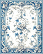 Blue White Floral Scroll Pattern Rug