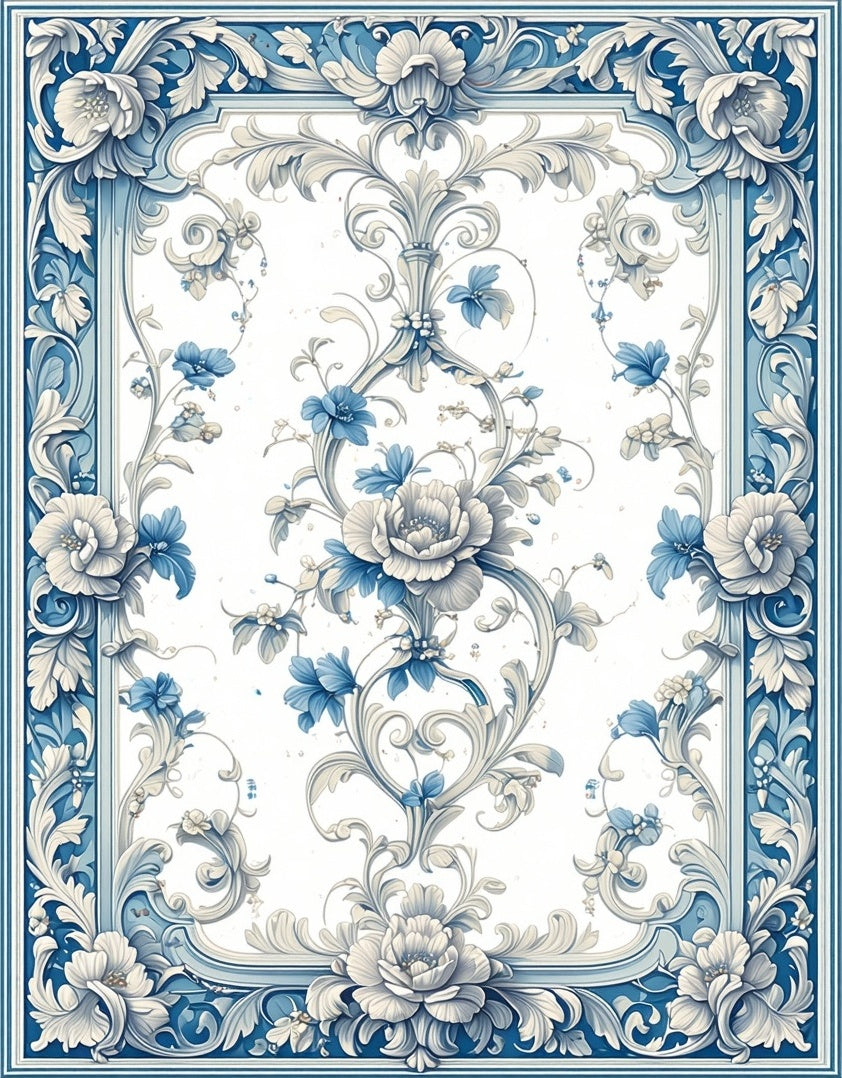 Blue White Floral Scroll Pattern Rug