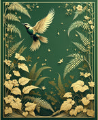 Gold Ferns and Bird Nature Pattern Rug