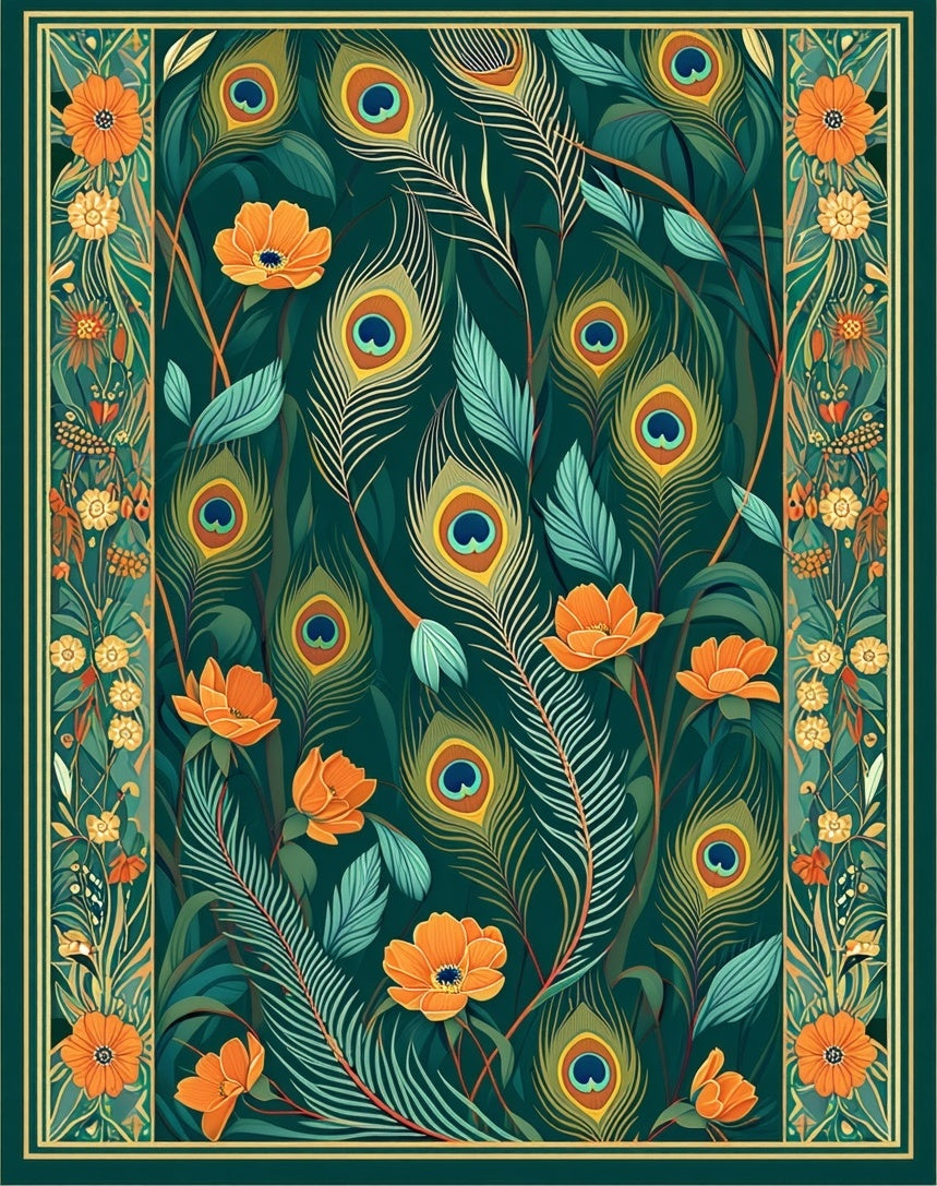 Emerald Green Peacock Feather Floral Rug